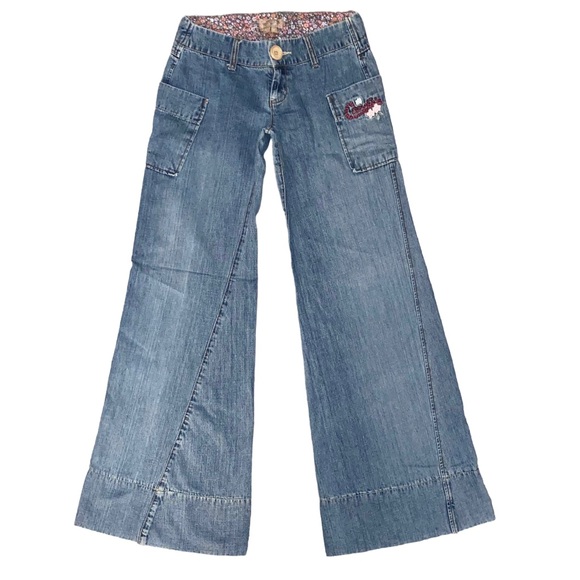 0 XS VTG Y2k Candies Denim Bell Bottom Wide Leg Flare Side Pocket Low Rose Jeans - Picture 6 of 11